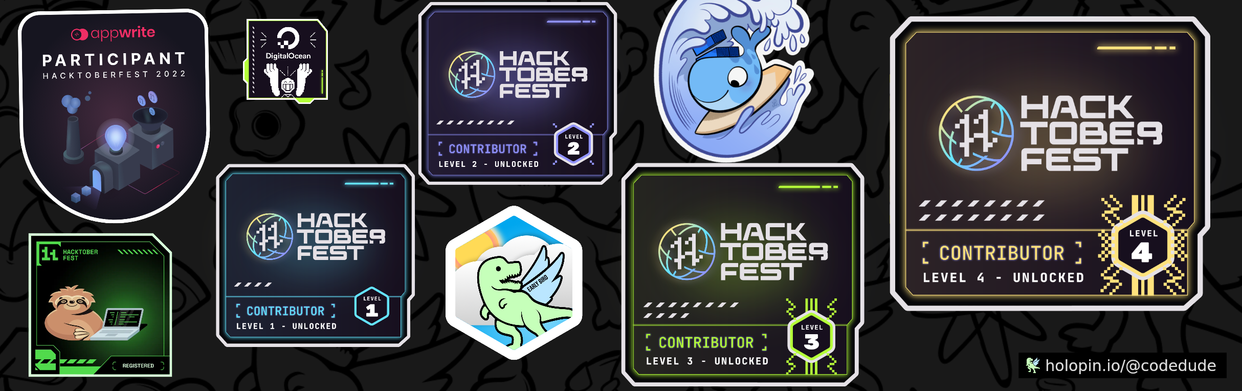 An image of @codedude's Holopin badges, which is a link to view their full Holopin profile