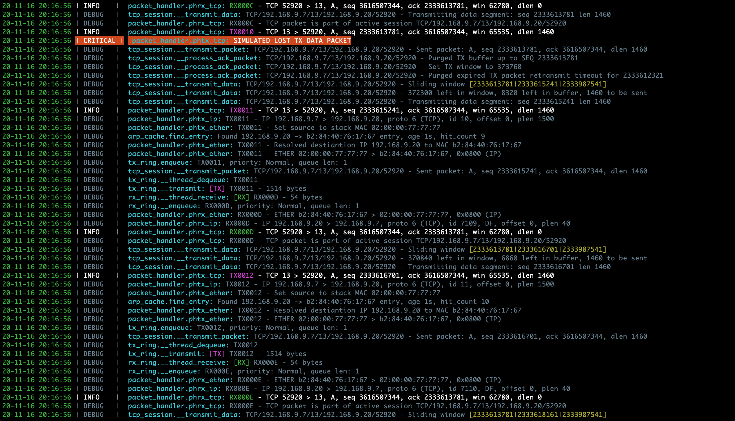 Sample PyTCP log output