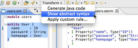 Menu entry to inspect the abstract syntax of a program fragment.