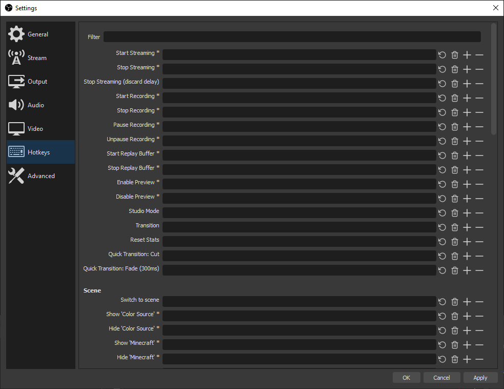 OBS Settings Hotkeys Window