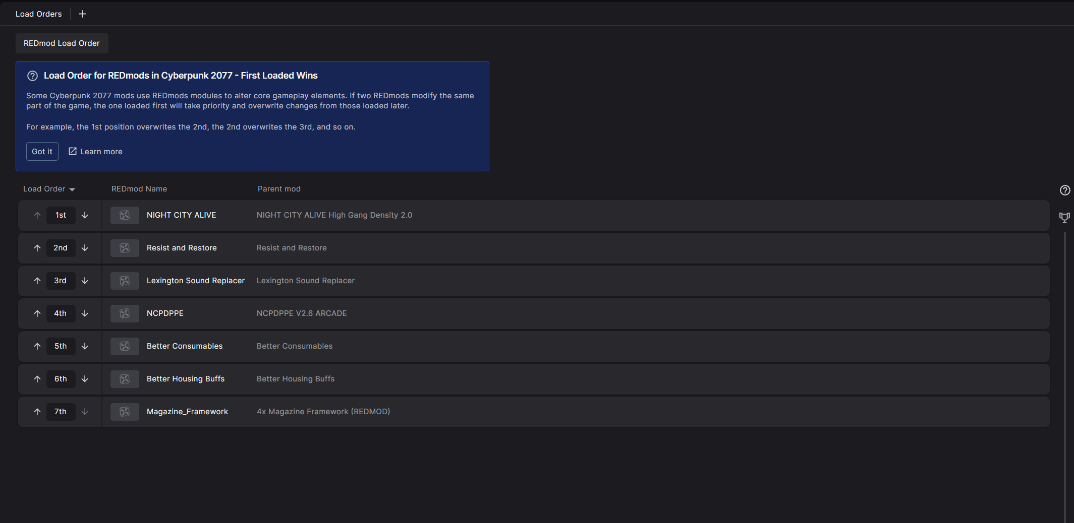 The REDmod load order page, showing the drag and drop capability.