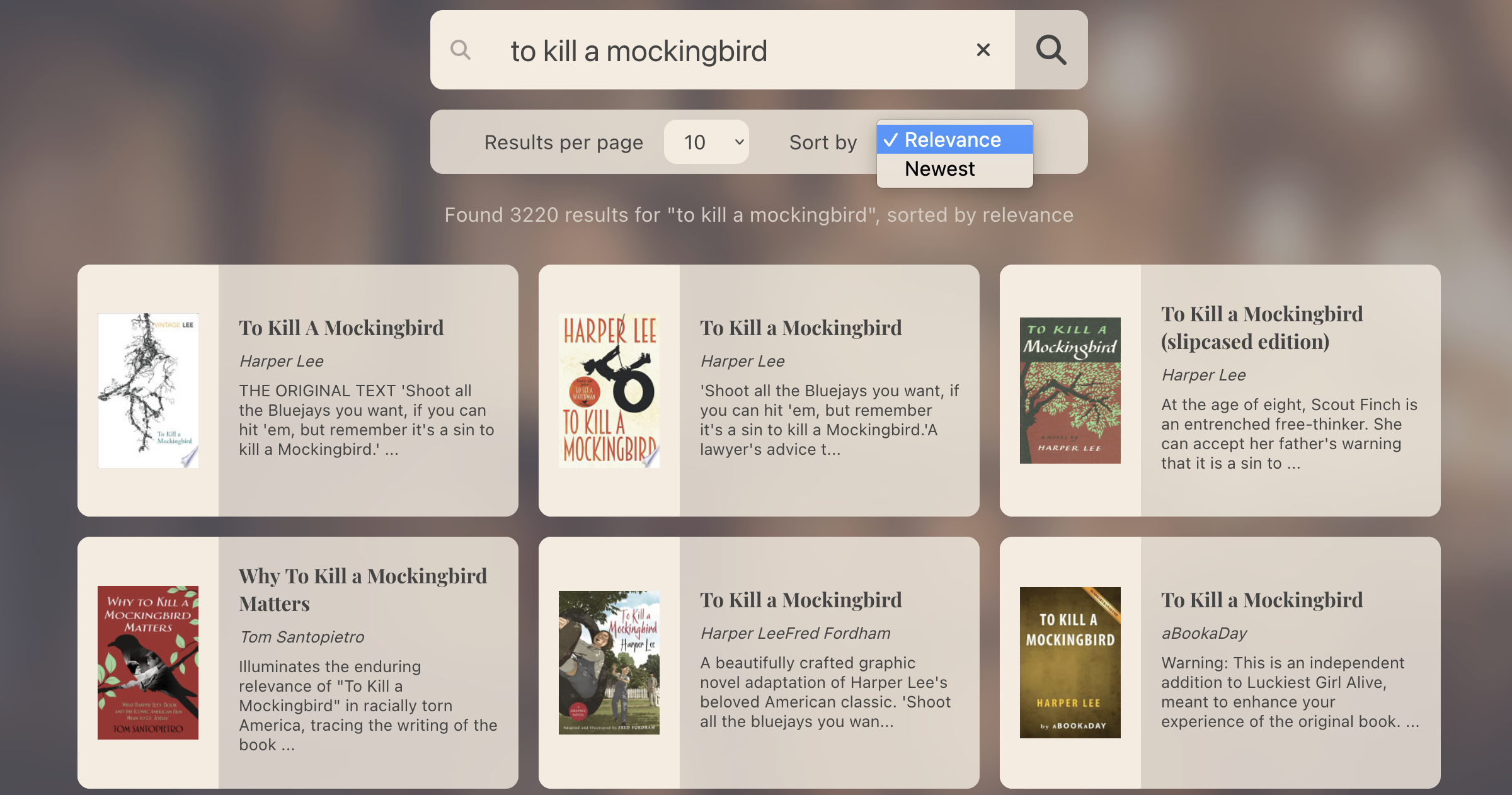 Search term 'To Kill a Mockingbird' with results and sort by options