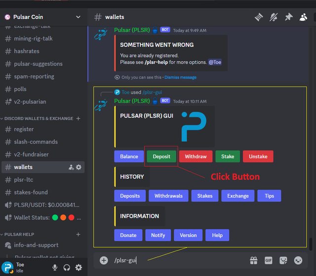 05. Use the command "plsr-gui" in the #wallets channel in the Pulsar discord