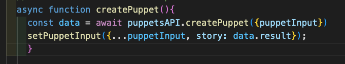 the puppet create function on the frontend awaiting response and saving it to a variable