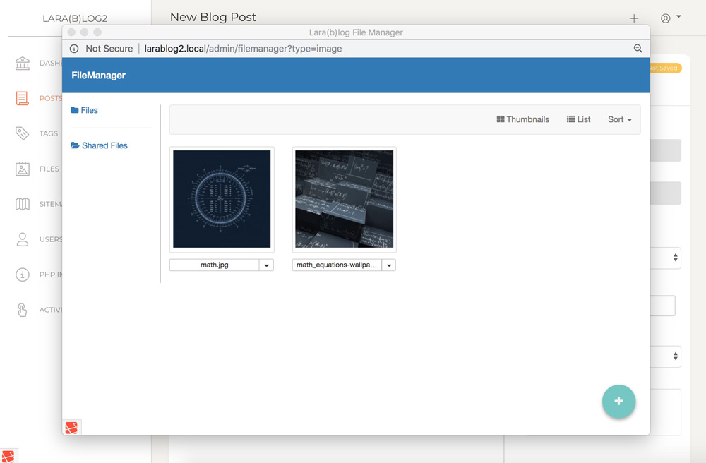 LaraBlog Admin File Manager Pop Up