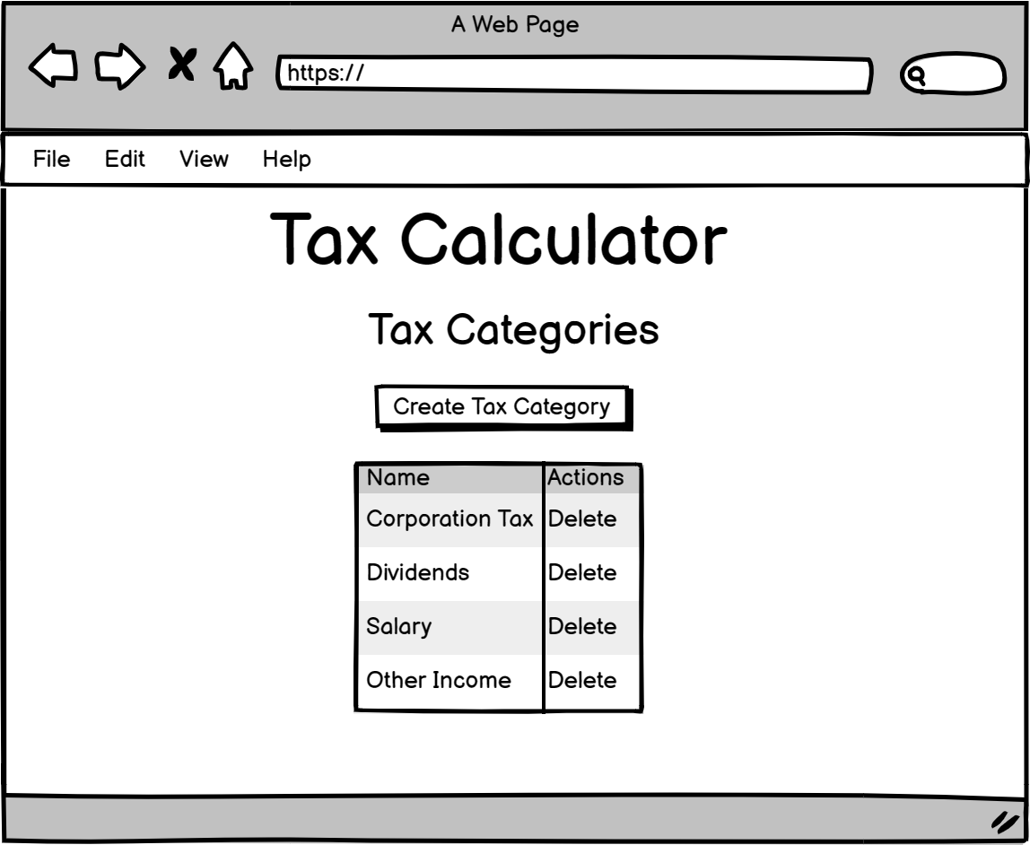 The admin tax categories page wireframe