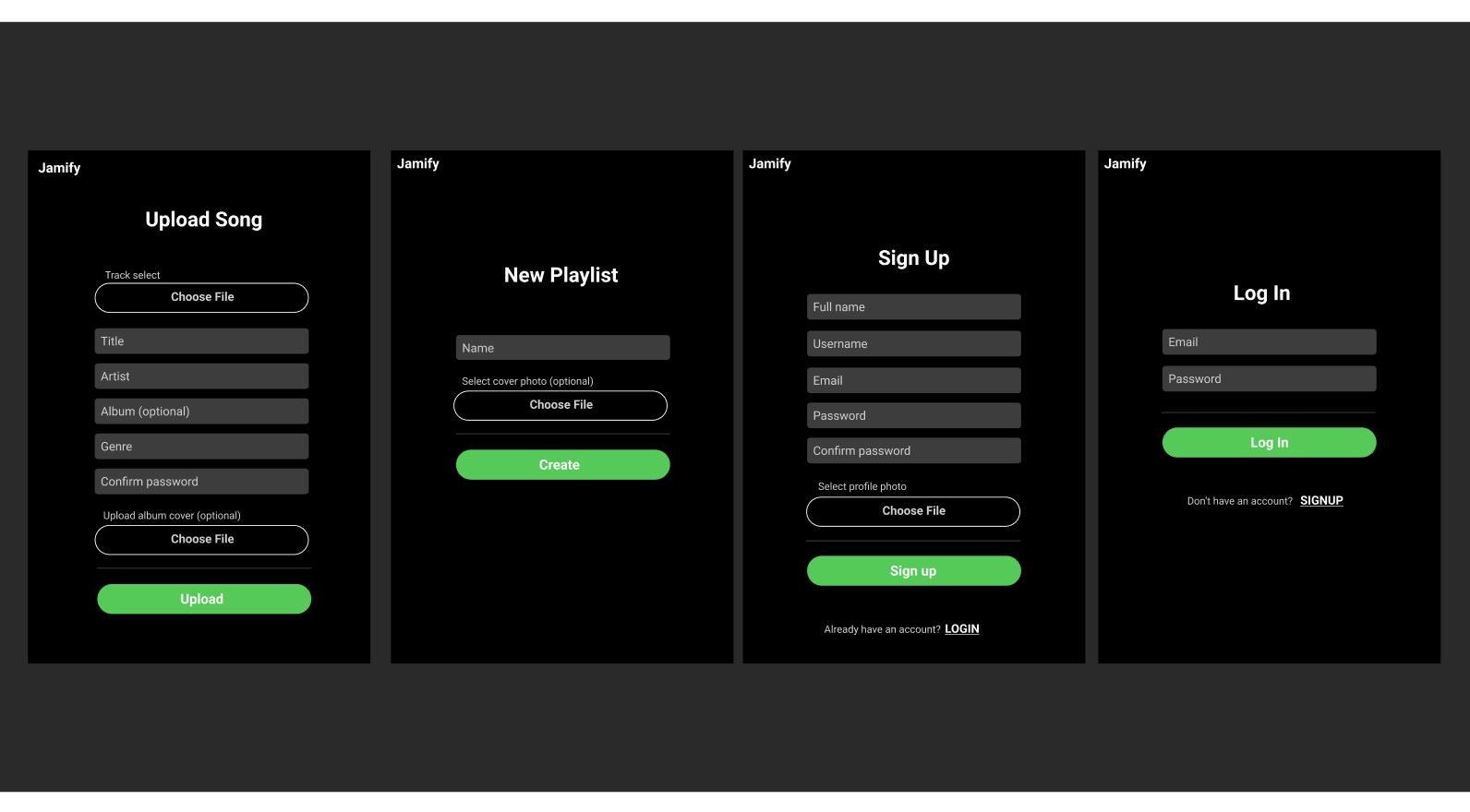 Signup Form - Login Form - Upload Song Form - Create Playlist Form