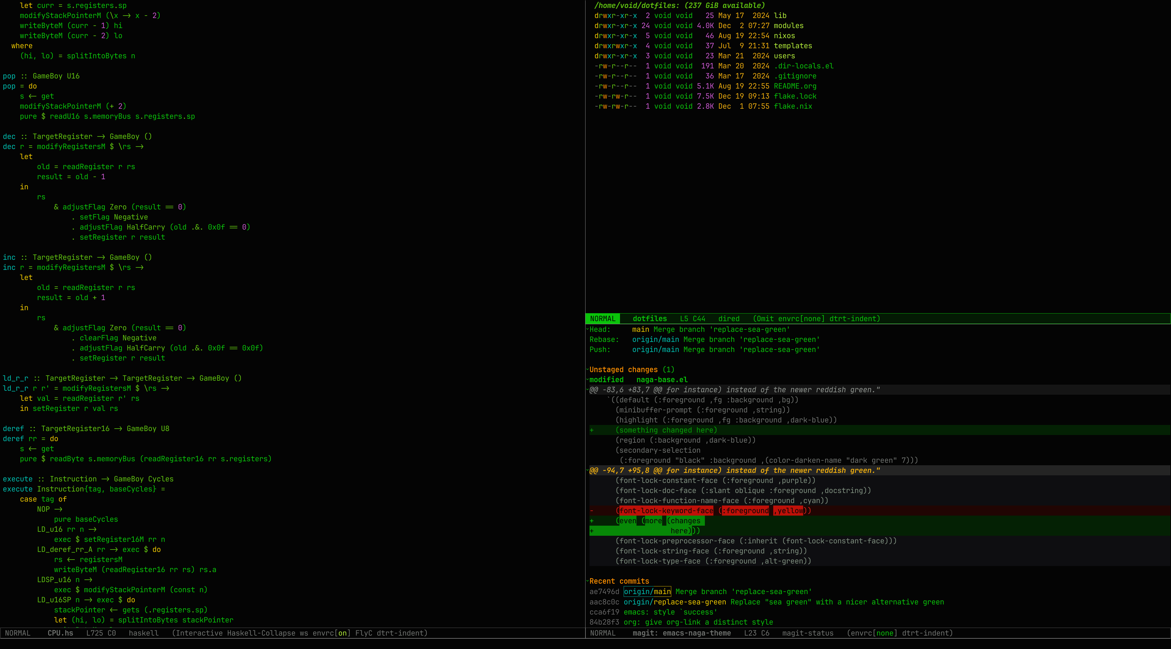 A screenshot of the naga theme, showing Haskell code, diredfl, and a magit status buffer