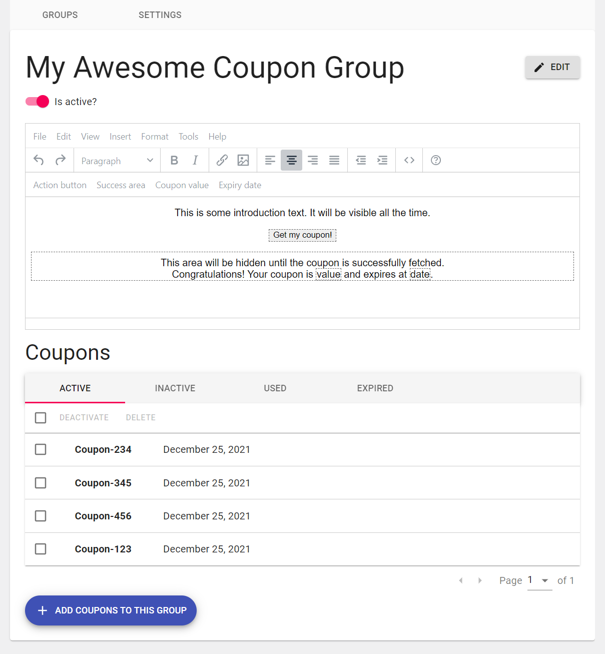 Admin page for a coupon group: Set name, active state, template and manage coupons.