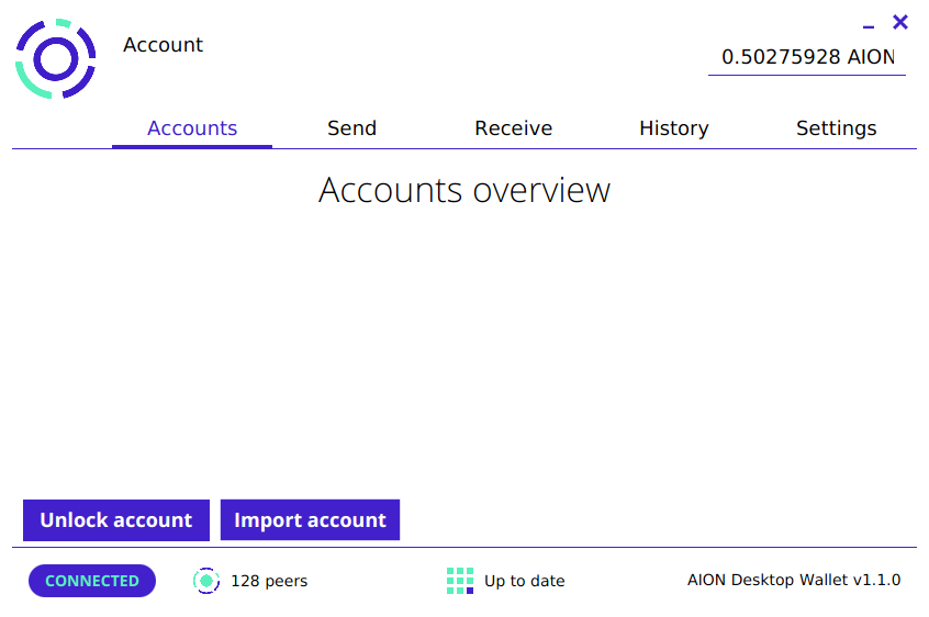 Image of selecting "Import account" in Aion Desktop Wallet