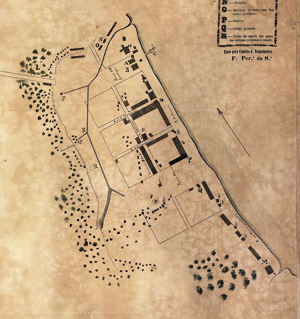 Aracaju, Brazil. Design by Sebastião Basílio Pirro, 1854. Plan (detail) by Francisco Pereira da Silva, 1857. National Library of Brazil, Rio de Janeiro