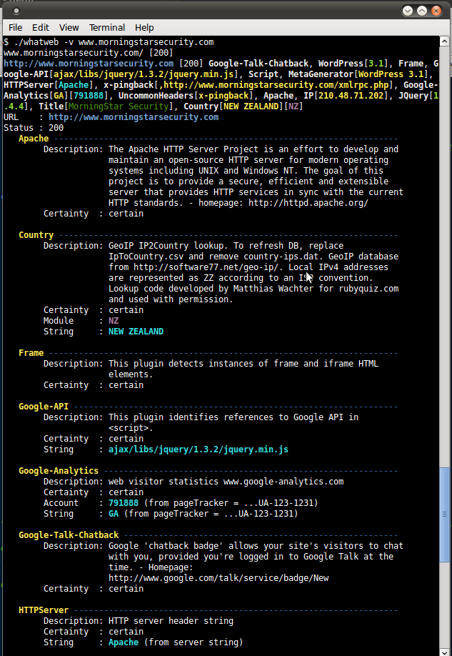 ./whatweb -v www.morningstarsecurity.com