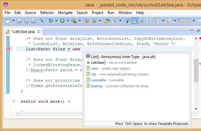 Screenshot showing no suggestions for ArrayList and other subclasses of List