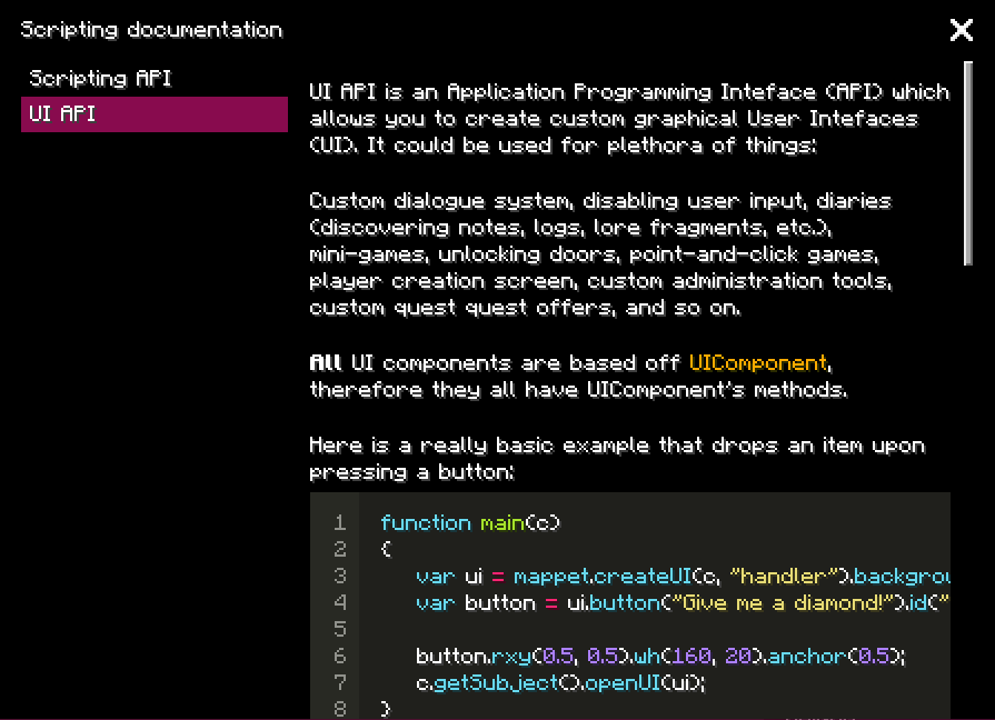 In-game UI API scripting documentation