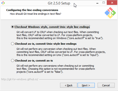 Git for Windows installer options page