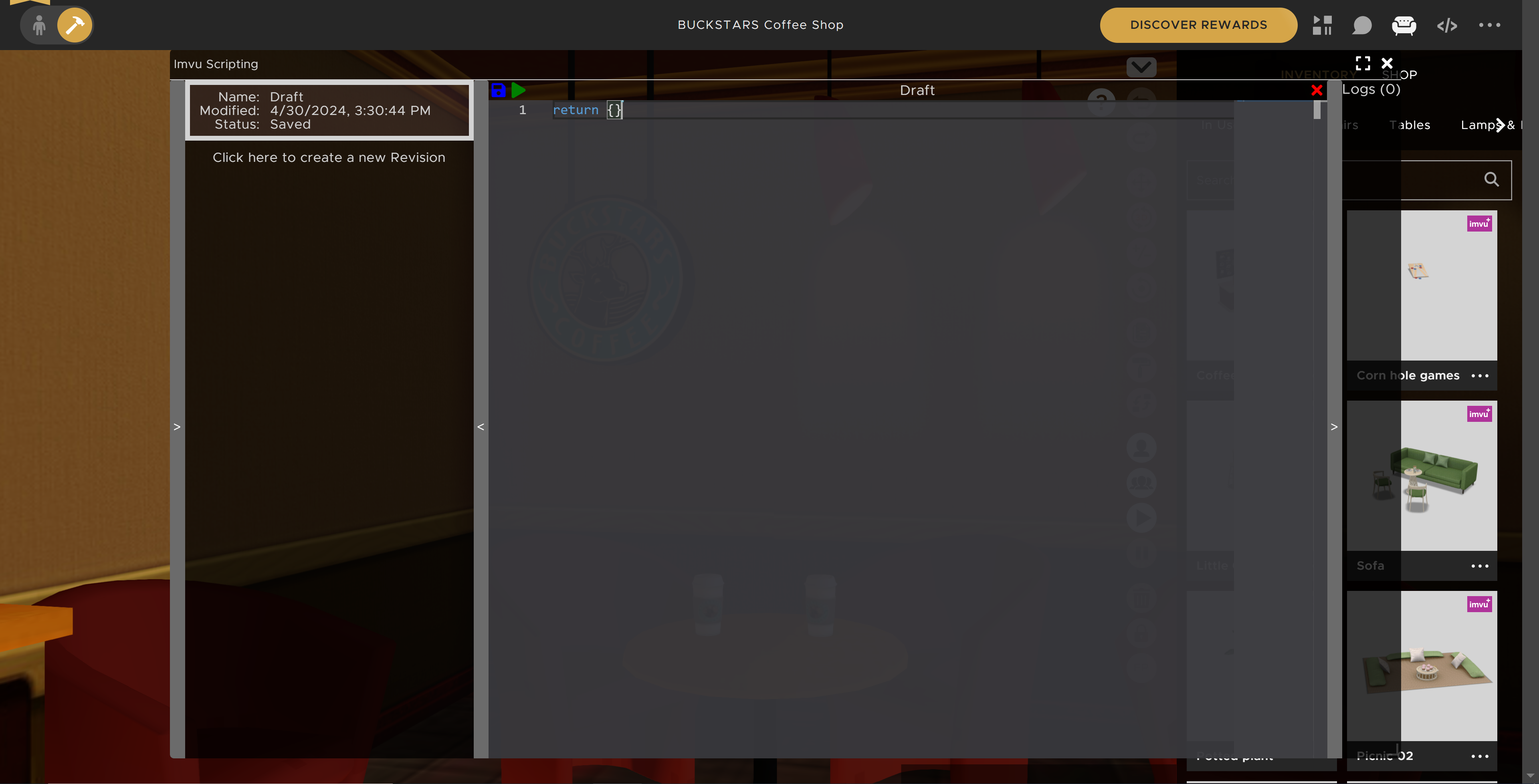 An image of the imvu room deco mode with the scripting UI open. The script is titled Draft and contains a single line of code, reading return {}