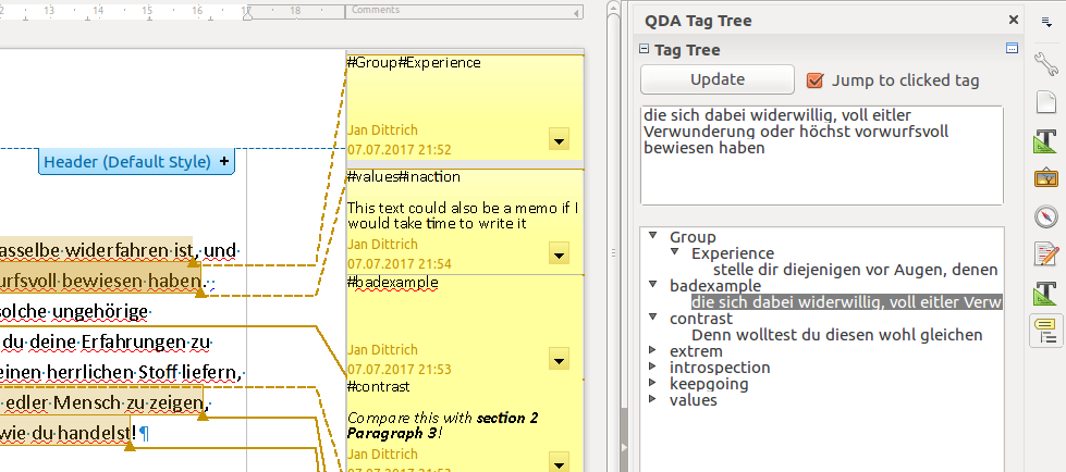 Screenshot of the extension; shows Libreoffice comments and a tree view