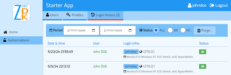 Screenshot of the User Login History view provided by the ZnetDK 4 Mobile 'z4m_loginhistory' module