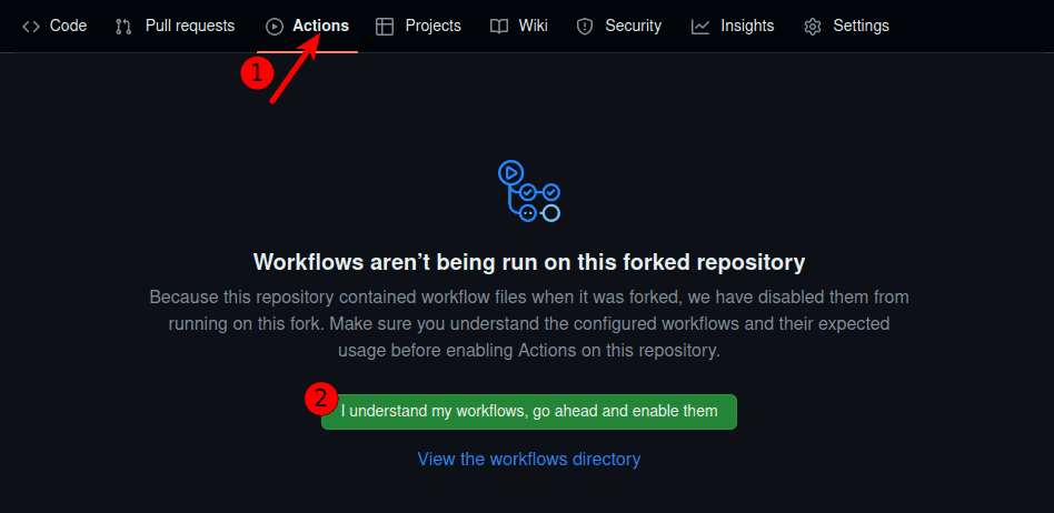 Gehe zum Reiter „Aktionen“ und aktiviere GitHub-Actions, falls noch nicht aktiviert