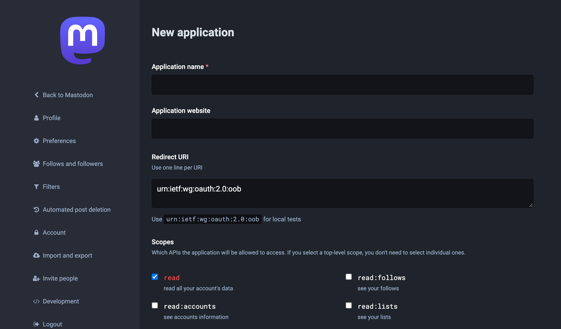 A screenshot from "New application" page from a setting page of Mastodon. It contains three input fields "Application name" "Application website" and "Redirect URI" and checkboxes named "Scopes".