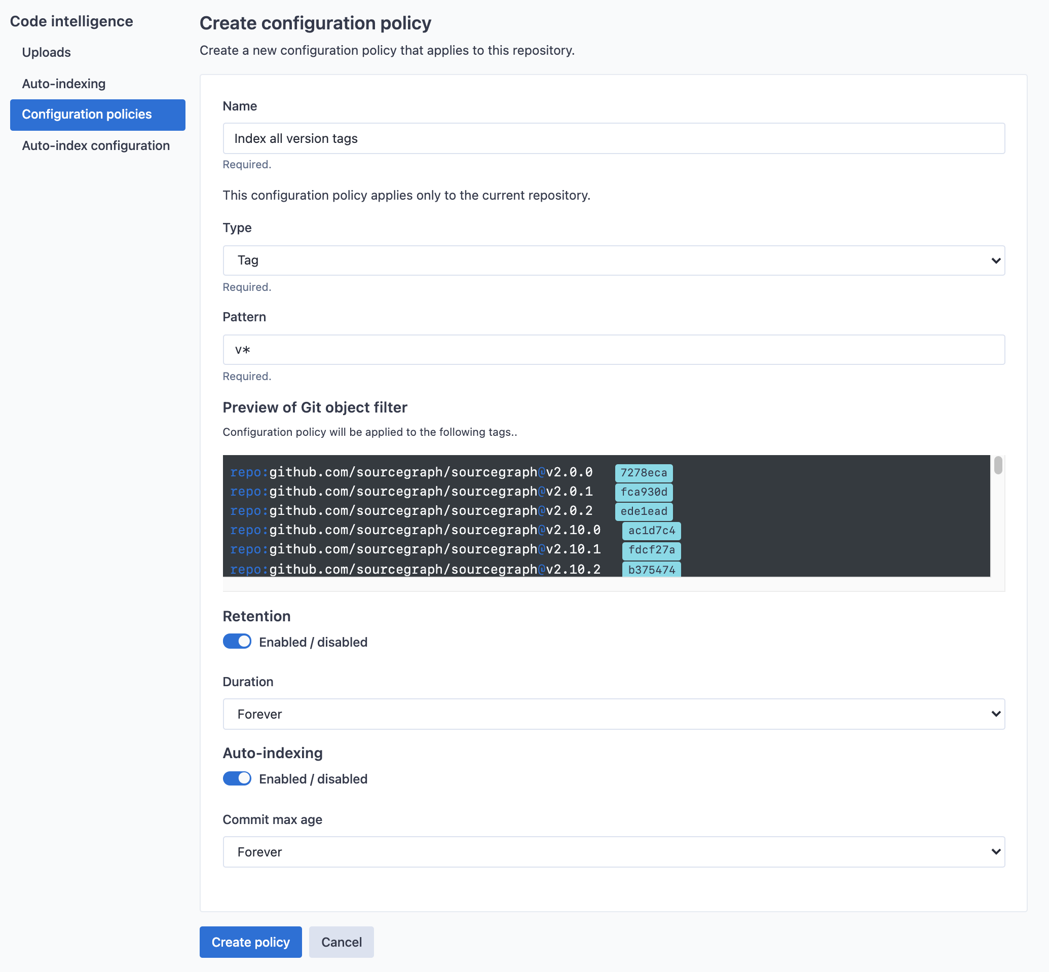 Repository-specific auto-indexing policy configuration edit page