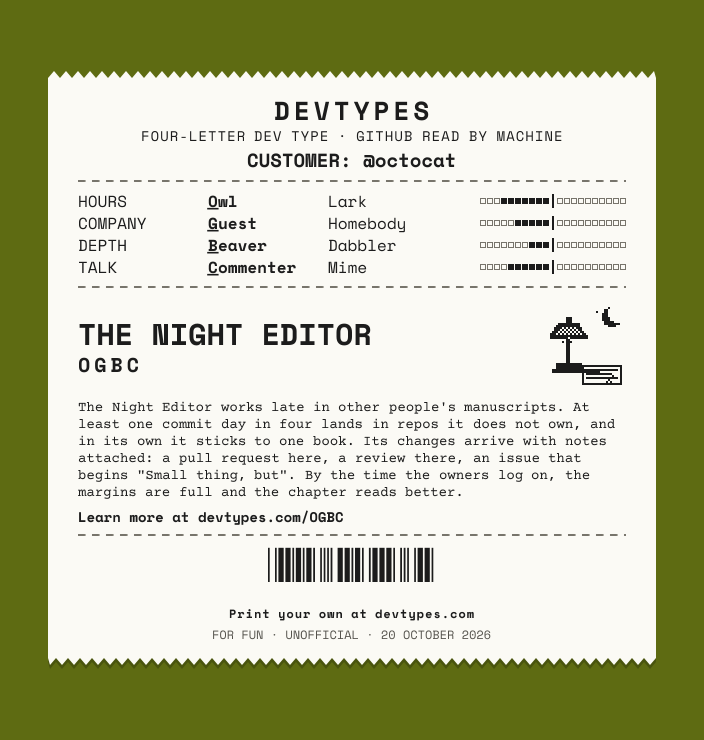 devtypes card for the dev type OGBC, the Night Editor