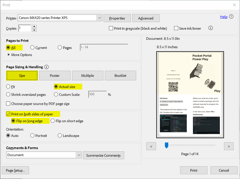 Screenshot of print settings in Adobe Acrobat