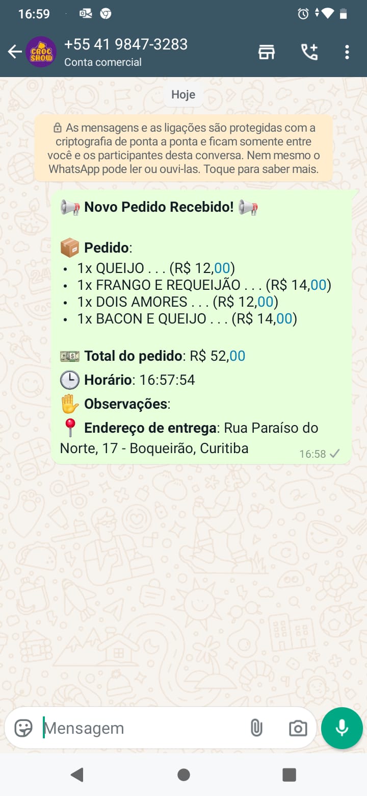 Visualização do pedido recebido no whatsapp