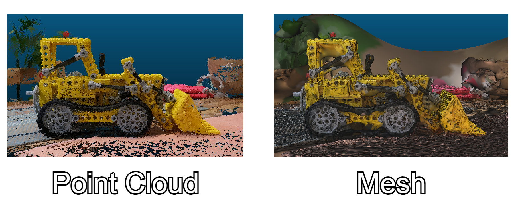 Comparison of the generated point cloud and mesh for the bulldozer scene