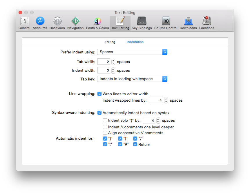 Screenshot of indentation preferences xcode