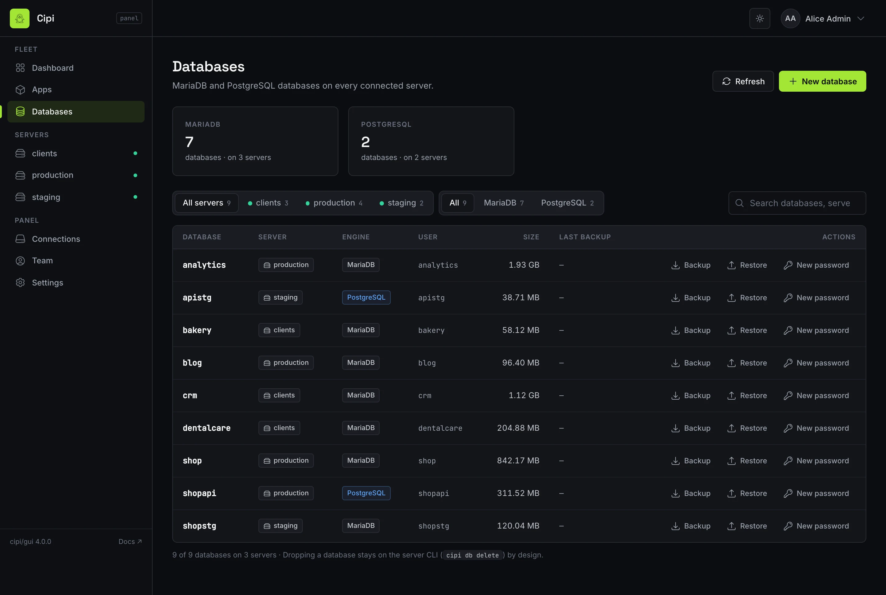 Databases page for MariaDB and PostgreSQL