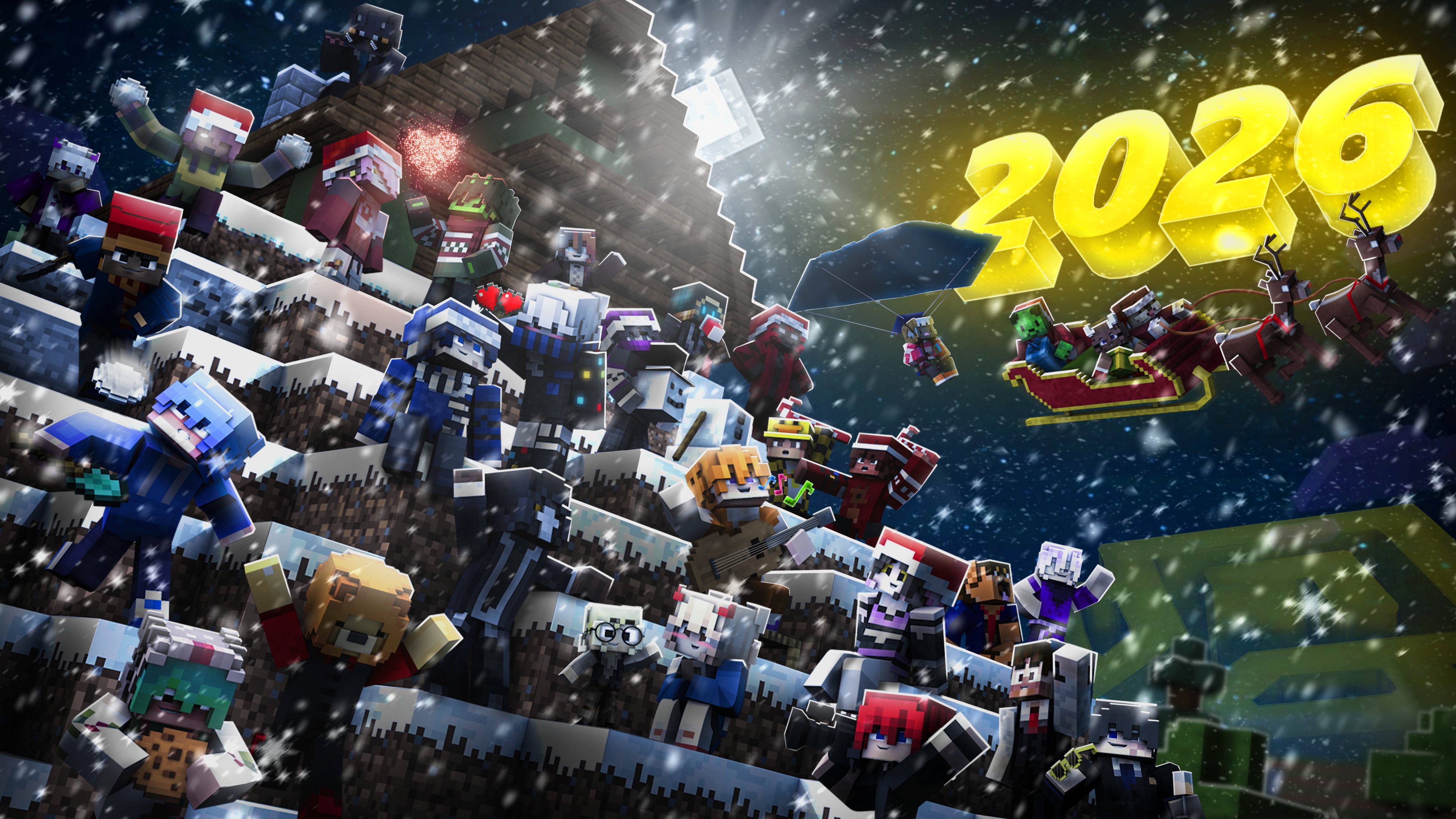 Render grupal de Minecraft con las skins de los integrantes de Crysis Studio, en un paisaje nevado y festivo, celebrando la despedida de 2025 y la bienvenida a 2026.