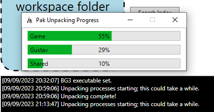 Screenshot of the Pak Unpacking Progress window in Multitool
