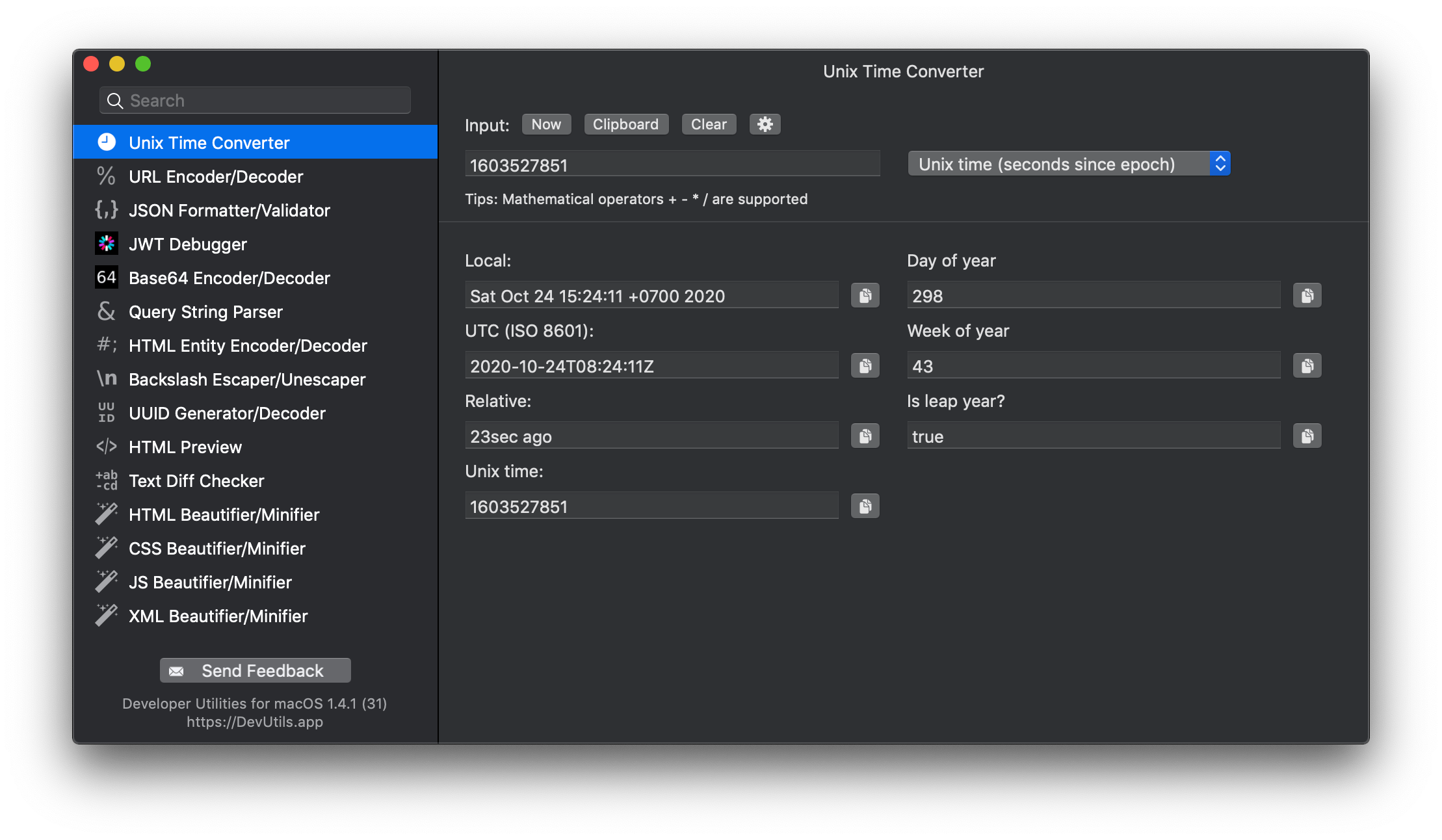 DevUtils.app: Unix Timestamp Converter macOS app