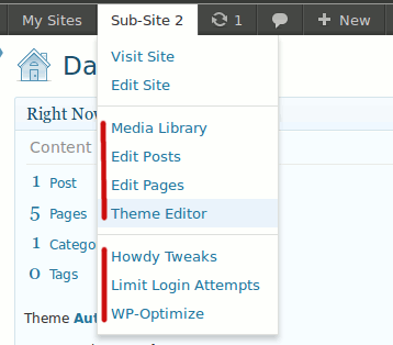 Multisite Toolbar Additions: New (Sub) Site specific menu items - plus included plugin support for useful site specific plugins. (Click here for larger version of screenshot).