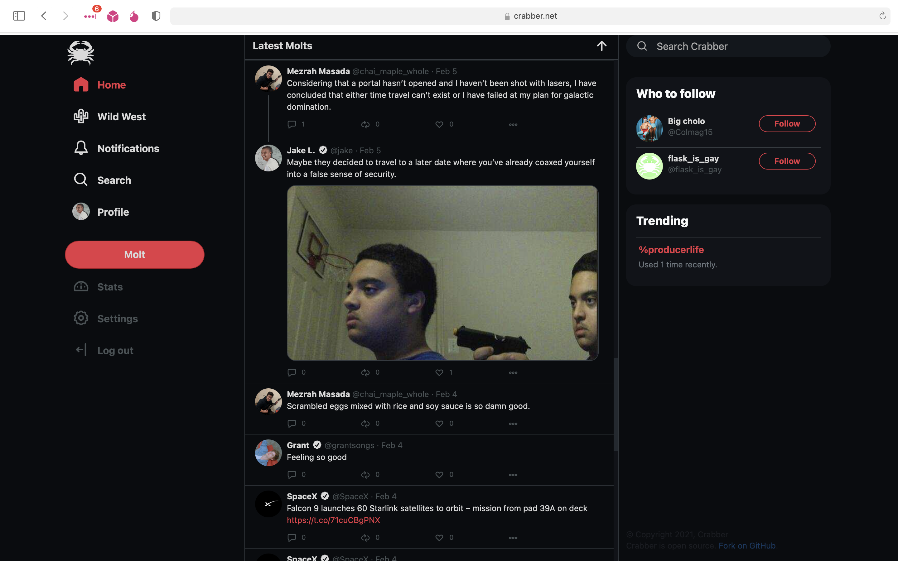 screenshot of crabber.net dark mode