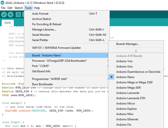 Selecting a board in Arduino IDE