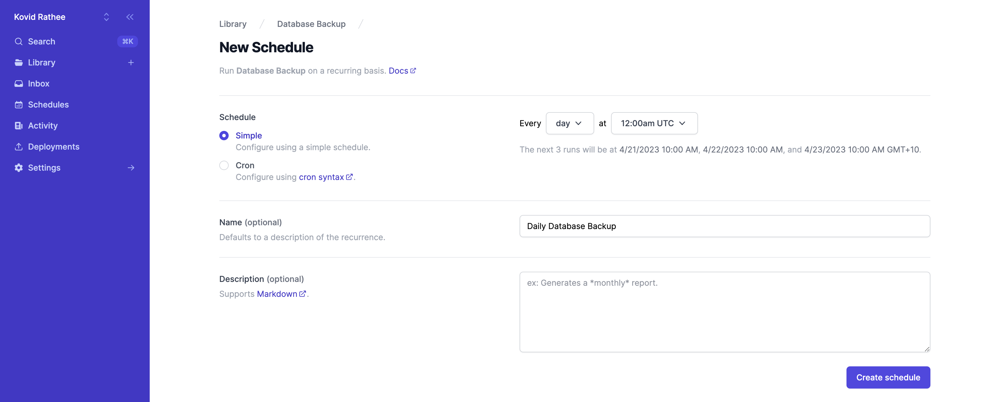 Setting up a schedule for your SQL task using the Airplane console