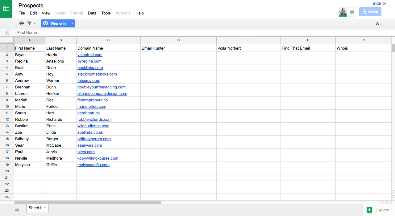 Prospect spreadsheet