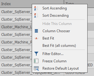 SQL Index Manager - Context menu