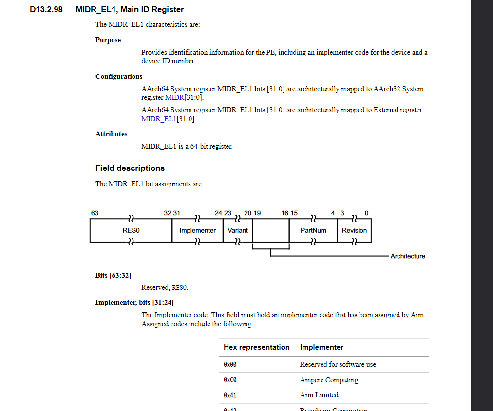 ARM manual for MIDR_EL1