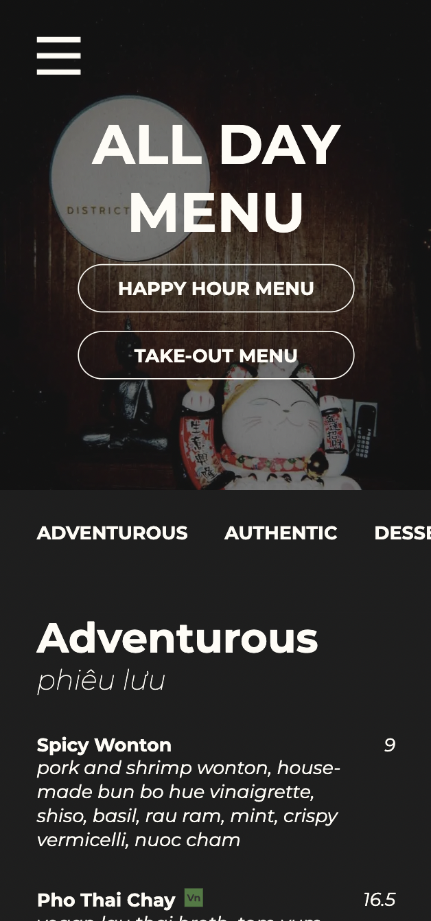 Menu page view mobile