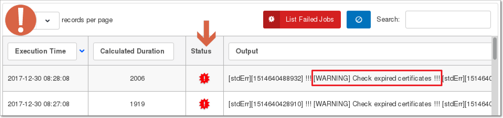 WLSDM for WebLogic: Failed Scheduler CRON Jobs List