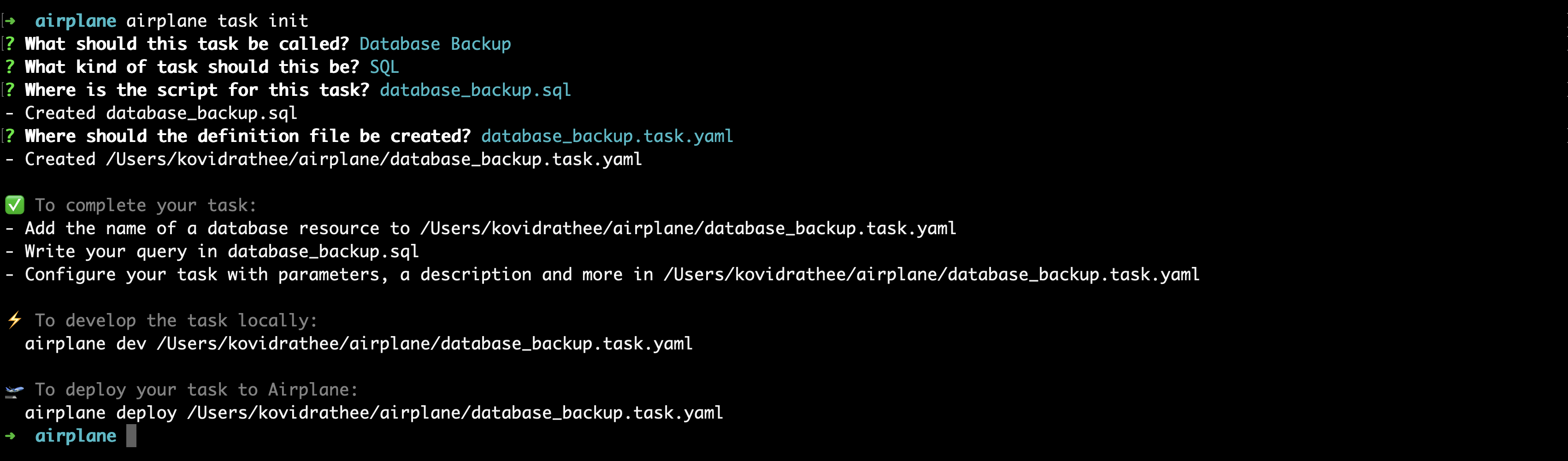 Initializing a task using the Airplane CLI