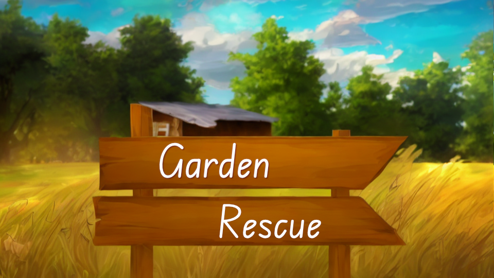 A wooden sign in front of a long grass field, a little shack and big trees in the background. Blue sky with few clouds.