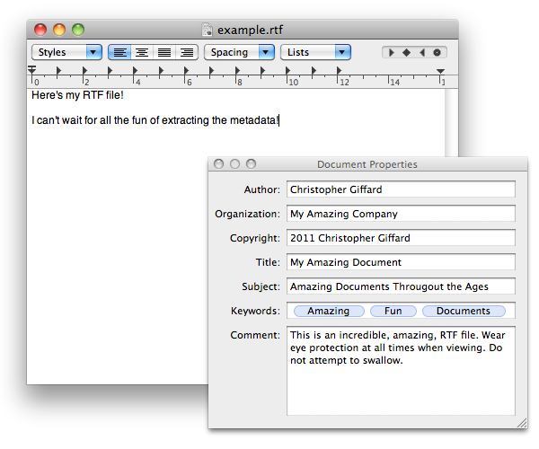 Picture of metadata being entered into example RTF file with TextEdit.app