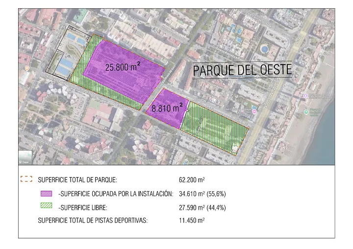 Plano con datos del catastro, mostrando de forma gráfica junto a datos específicos las dimensiones del Festival de Luces que secuestran el Parque