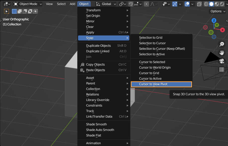 screenshot showing the cursor to view pivot option in the view3d > object > snap menu