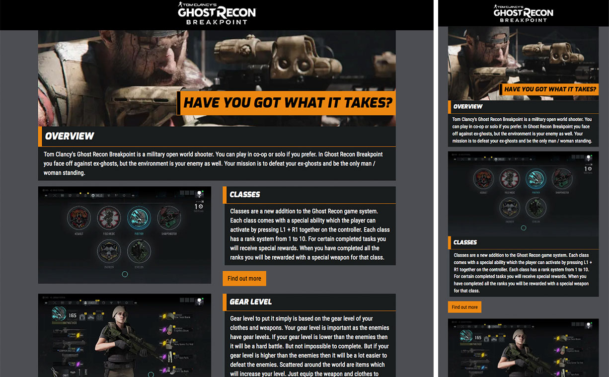 Desktop and mobile screenshots of Ghost recon breakpoint prototype site