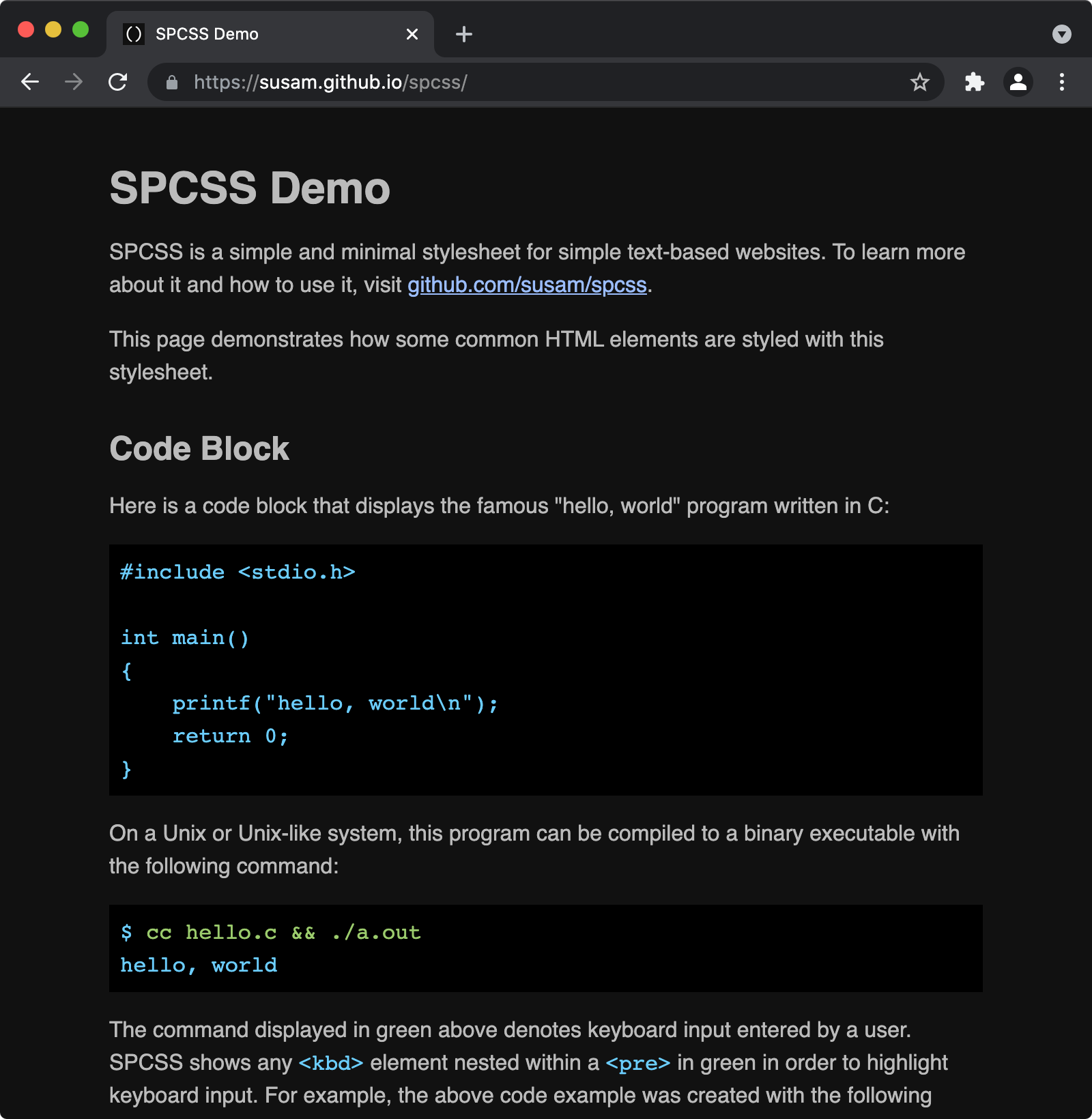 Demo of SPCSS dark theme